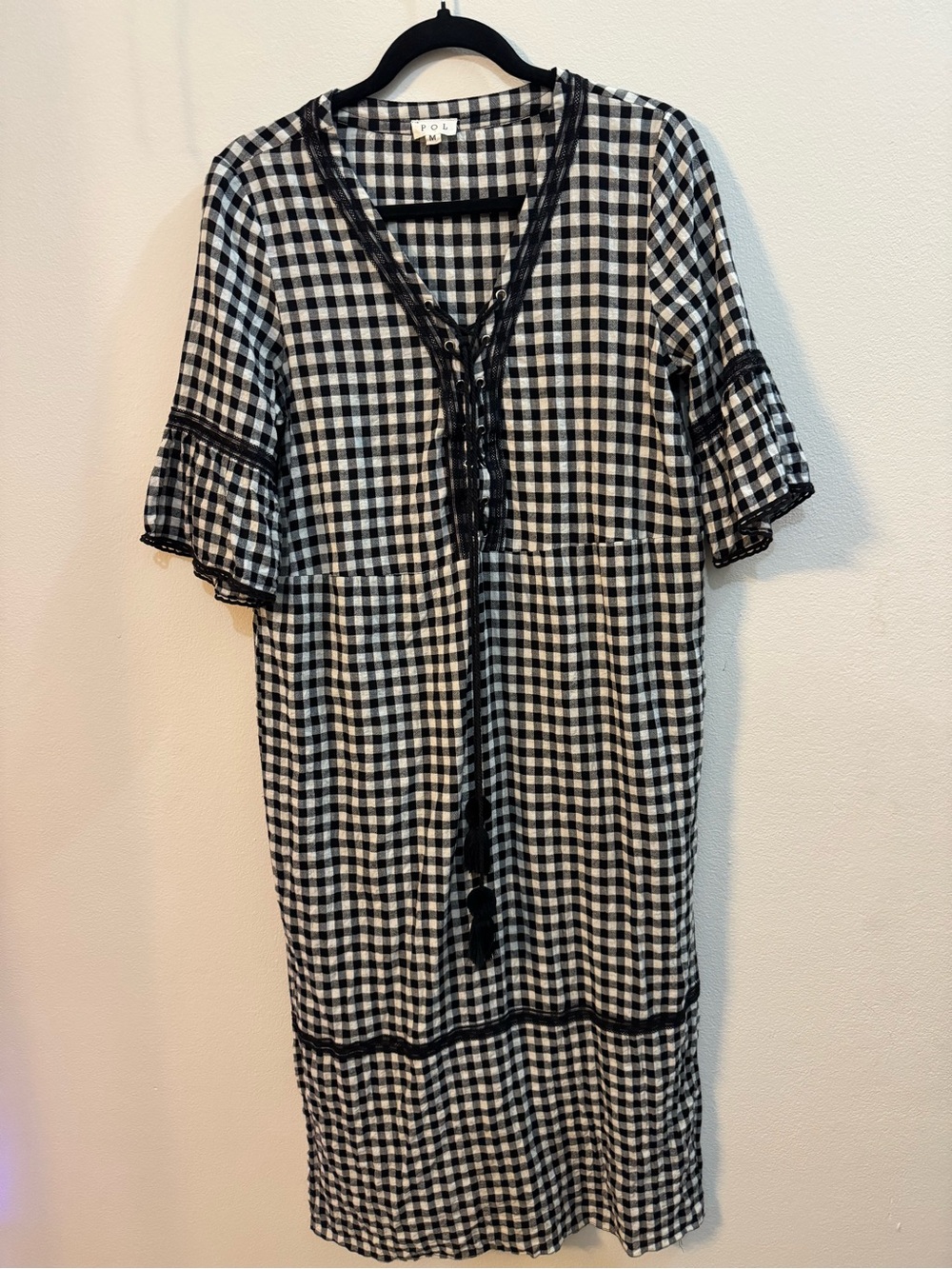 POL Black & White Gingham Midi Dress Size Medium Lace-Up Tassel Boho